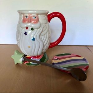 Dept 56 Christmas Santa Lidded Coffee Mug Stir Spoon Rainbow Holiday Ceramic